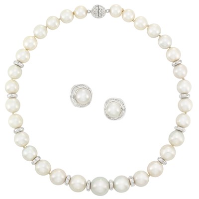 Lot 92 - South Sea Cultured Pearl, White Gold and Diamond Necklace with Costume Clasp and Pair of Earrings