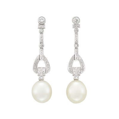 Lot 309 - Pair of Platinum, Diamond and South Sea Cultured Pearl Pendant-Earrings
