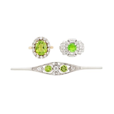 Lot 69 - Two Two-Color Gold, Platinum, Peridot, Green Stone and Diamond Rings and Bar Pin
