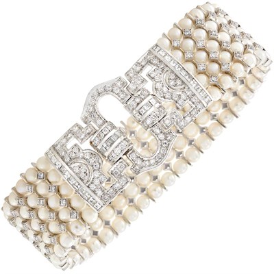 Lot 450 - Five Strand Cultured Pearl, White Gold and Diamond Bracelet