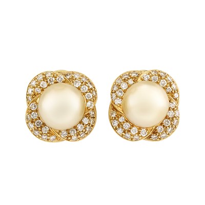 Lot 602 - Pair of Gold, Light Golden Cultured Pearl and Diamond Earrings