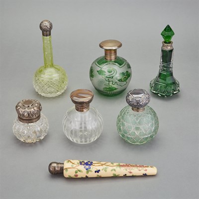 Lot 506 - Group of Seven English Silver Mounted Glass...