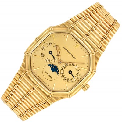 Lot 165 - Gentleman's Gold 'Bamboo' Day-Date Moonphase Calendar Wristwatch, Audemars Piguet