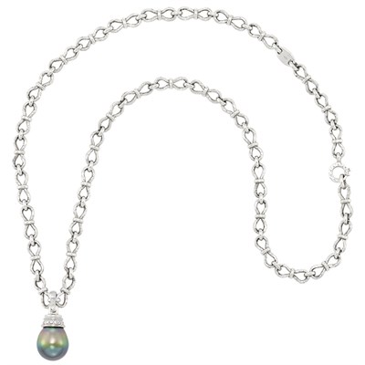Lot 266 - Long White Gold, Diamond and Tahitian Black Cultured Pearl Pendant-Necklace