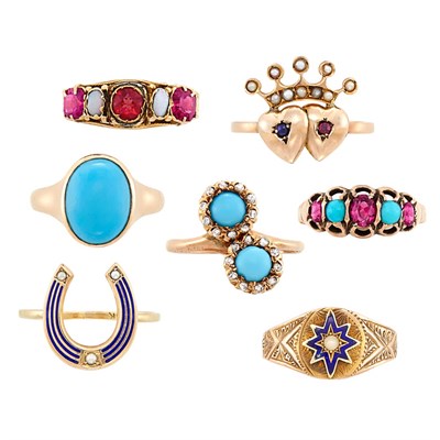 Lot 99 - Six Antique Gold, Enamel, Gem-Set and Turquoise Rings and Gold and Turquoise Ring