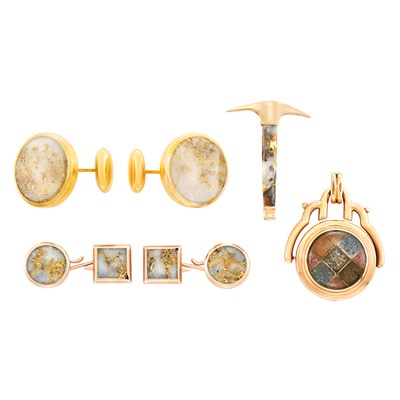 Lot 279 - Two-Color Gold, Gold-Plated and Gold-Veined Quartz Fob Pendant, Miner's Pic Tie Pin and Two Pairs of Cufflinks