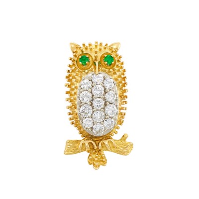 Lot 321 - Two-Color Gold and Diamond Owl Brooch