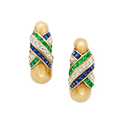 Lot 309 - Pair of Gold, Diamond, Emerald and Sapphire Earclips
