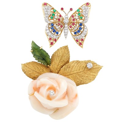 Lot 85 - Two-Color Gold, Carved Coral and Diamond Flower Brooch, Cellino, and Platinum-Topped Gold, Diamond and Gem-Set Butterfly