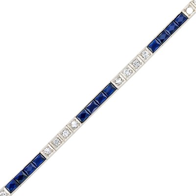 Lot 619 - Platinum, Diamond and Sapphire Straightline Bracelet