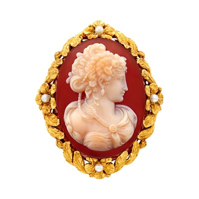 Lot 56 - Antique Gold, Hardstone Cameo and Seed Pearl Brooch, Tiffany & Co.