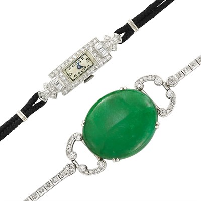 Lot 445 - Platinum, Jade and Diamond Bracelet and Diamond  Wristwatch