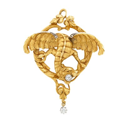 Lot 30 - Antique Gold, Platinum and Diamond Griffin Pendant-Brooch