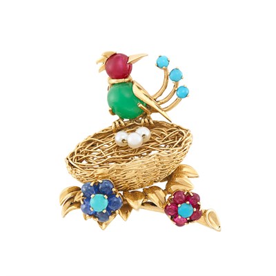 Lot 174 - Gold, Emerald, Ruby, Sapphire, Cultured Pearl and Turquoise Bird's Nest Clip-Brooch, France