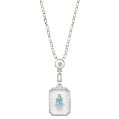 Lot 189 - Antique White Gold, Rock Crystal, Aquamarine and Diamond Pendant-Necklace