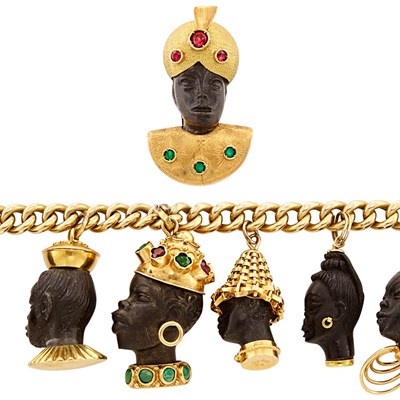 Lot 596 - Gold, Blackamoor and Gem-Set Charm Bracelet and Brooch