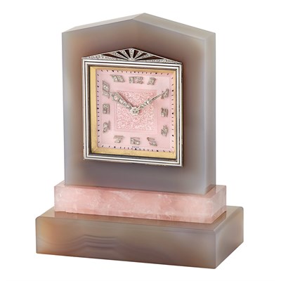 Lot 99 - Art Deco Gray Agate, Rose Quartz, Pink Enamel, Diamond and Black Enamel Desk Clock, Haas Neveux & Co.