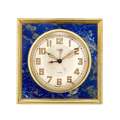 Lot 664 - Brass and Lapis Eight Day Desk Alarm Clock, Cartier, France, No. 1596