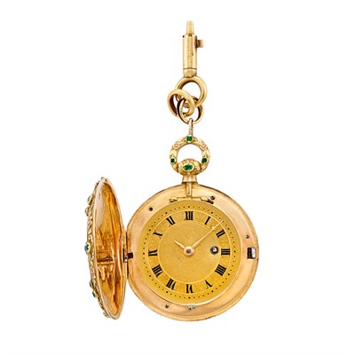 Lot 128 - Antique Variegated Gold, Emerald and Ruby Hunting Case Pocket Watch