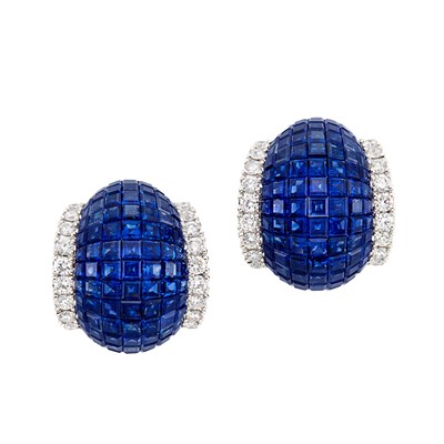 Lot 224 - Pair of White Gold, Invisibly-Set Sapphire and Diamond Bombe Earrings