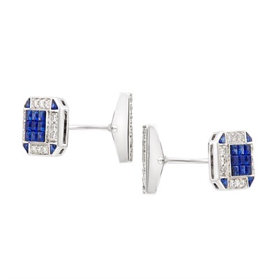 Lot 345 - Pair of White Gold, Invisibly-Set Sapphire and Diamond Cufflinks