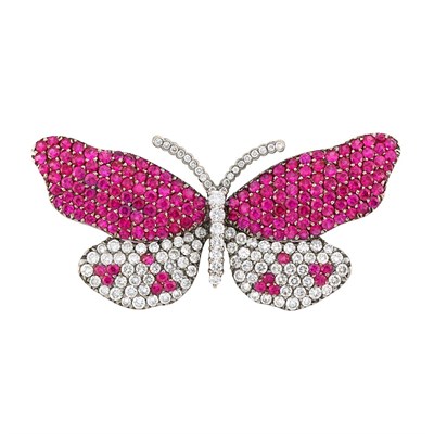 Lot 482 - Blackened Gold, Pink Sapphire and Diamond Butterfly Brooch