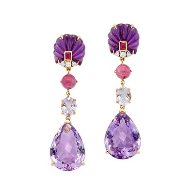 Lot 148 - Pair of Gold, Fluted Amethyst, Ruby, Diamond, Cabochon Pink Tourmaline and Amethyst Briolette Pendant-Earclips