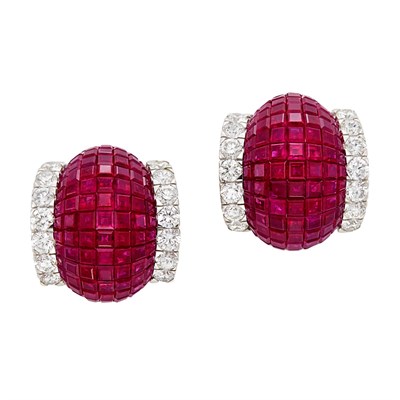 Lot 204 - Pair of White Gold, Invisibly-Set Ruby and Diamond Bombe Earrings