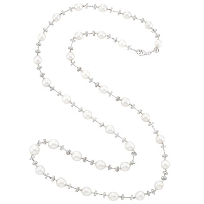 Lot 140 - Long White Gold, South Sea Cultured Pearl and Diamond Chain Necklace