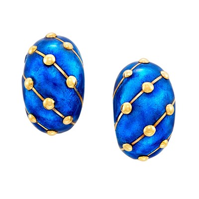 Lot 264 - Pair of Gold and Blue Enamel Earclips, Tiffany & Co., Schlumberger, France