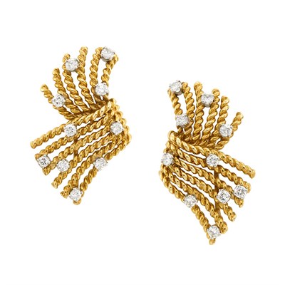 Lot 350 - Pair of Gold, Platinum and Diamond 'V-Rope' Earclips, Tiffany & Co., Schlumberger