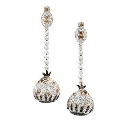 Lot 722 - Pair of White Gold, Diamond, Colored and Black Diamond Pendant-Earrings