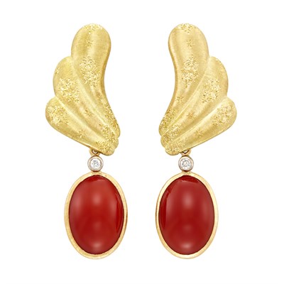 Lot 1 - Pair of Gold and Oxblood Coral Pendant-Earclips, Mario Buccellati