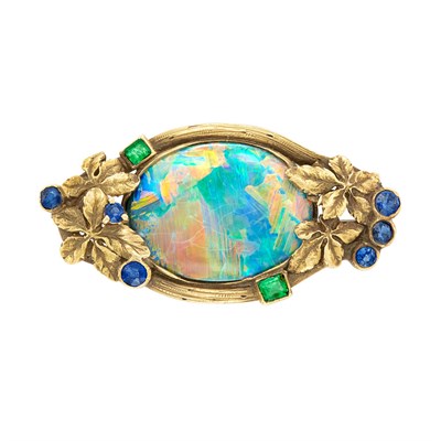 Lot 76 - Antique Gold, Black Opal, Emerald and Sapphire Pin