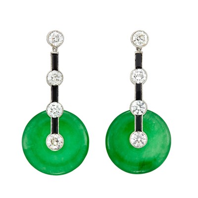 Lot 447 - Pair of Platinum, Diamond, Black Onyx and Jade Pendant Earrings