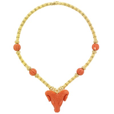 Lot 344 - Gold, Carved Coral and Diamond Ram's Head Pendant-Necklace