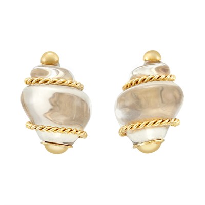 Lot 210 - Pair of Gold and Rock Crystal Shell Earclips, Seaman Schepps
