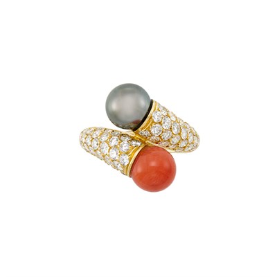 Lot 191 - Gold, Coral, Gray Cultured Pearl and Diamond Crossover Ring, Van Cleef & Arpels