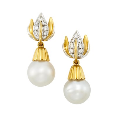 Lot 171 - Pair of Two-Color Gold, Diamond and South Sea Cultured Pearl Pendant-Earrings