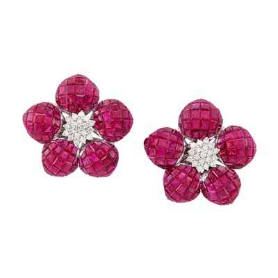 Lot 471 - Pair of White Gold, Invisibly-Set Ruby and Diamond Flower Earrings