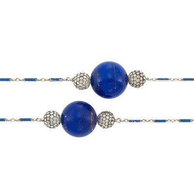 Lot 292 - Long Silver, Lapis and Diamond Bead and Blue Enamel Chain Necklace