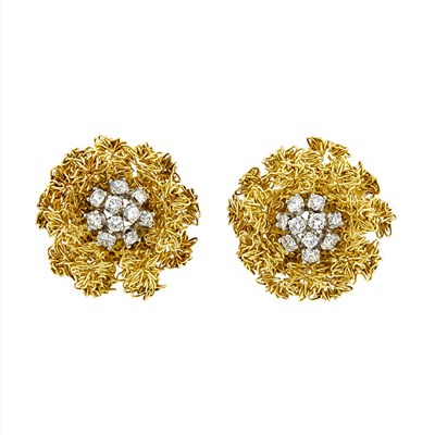 Lot 203 - Pair of Gold Wire and Diamond Flower Earclips, France
