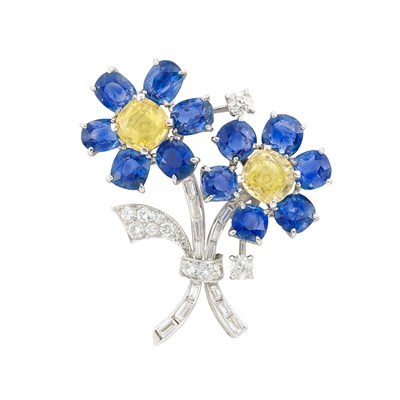 Lot 231 - Platinum, Yellow Sapphire, Sapphire and Diamond Flower Brooch