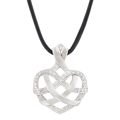 Lot 258 - White Gold and Diamond Heart Pendant with Black Cord Necklace