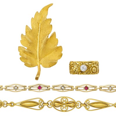 Lot 27 - Gold Leaf Pin, Buccellati, Two Antique Gold, Ruby and Diamond Bracelets and Gold and Diamond Harvest Band Ring