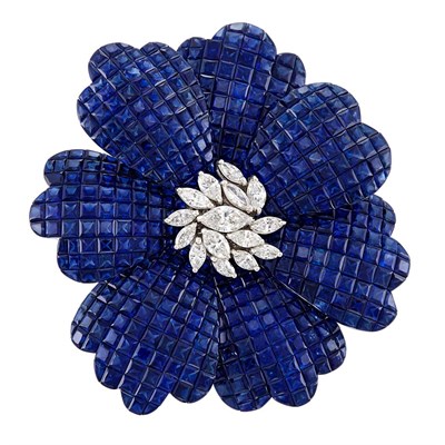 Lot 227 - White Gold, Invisibly-Set Sapphire and Diamond Flower Clip-Brooch, Alexis