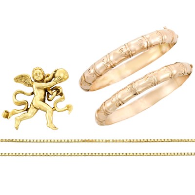 Lot 351 - Gold Cherub Pendant-Brooch, MMA, Gold Chain and Pair of Rose Gold Bamboo Bangles