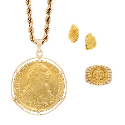 Lot 225 - Gold and Gold Coin Pendant with Chain, Ring and Pair of Nugget Gold Stud Earrings