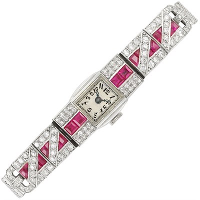 Lot 334 - Platinum, White Gold, Diamond and Ruby Mesh Wristwatch