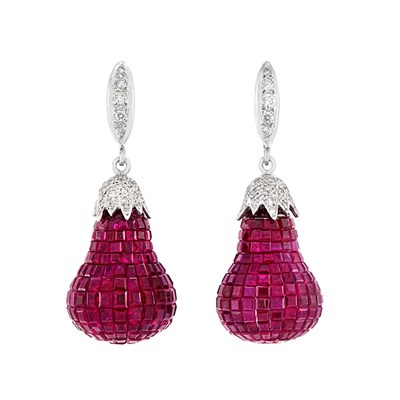 Lot 469 - Pair of White Gold, Invisibly-Set Ruby and Diamond Pendant-Earrings